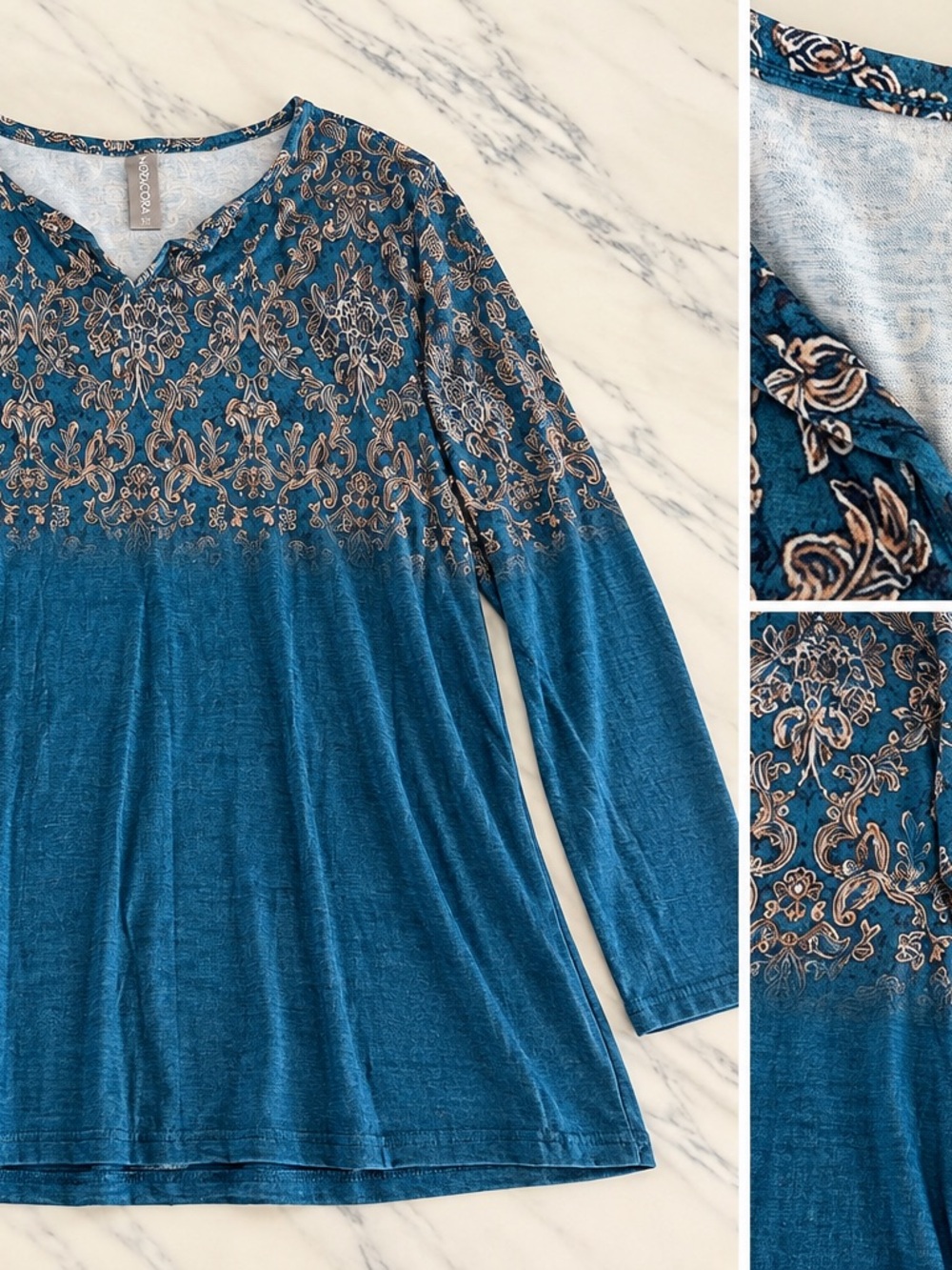 Teal V-Neck Long Sleeve Top with Beige Floral Motif